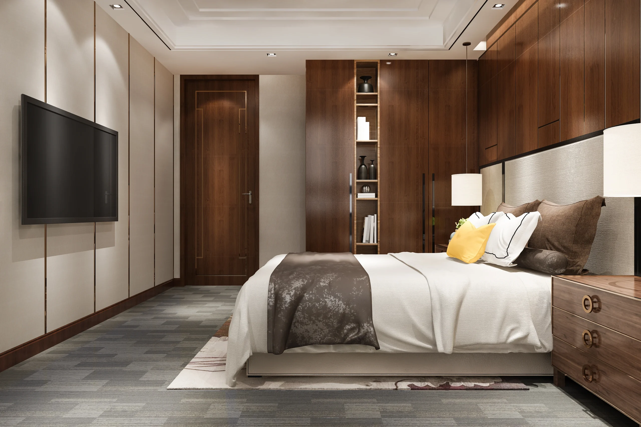 Quarto de casal com guarda-roupa planejado e iluminação indireta