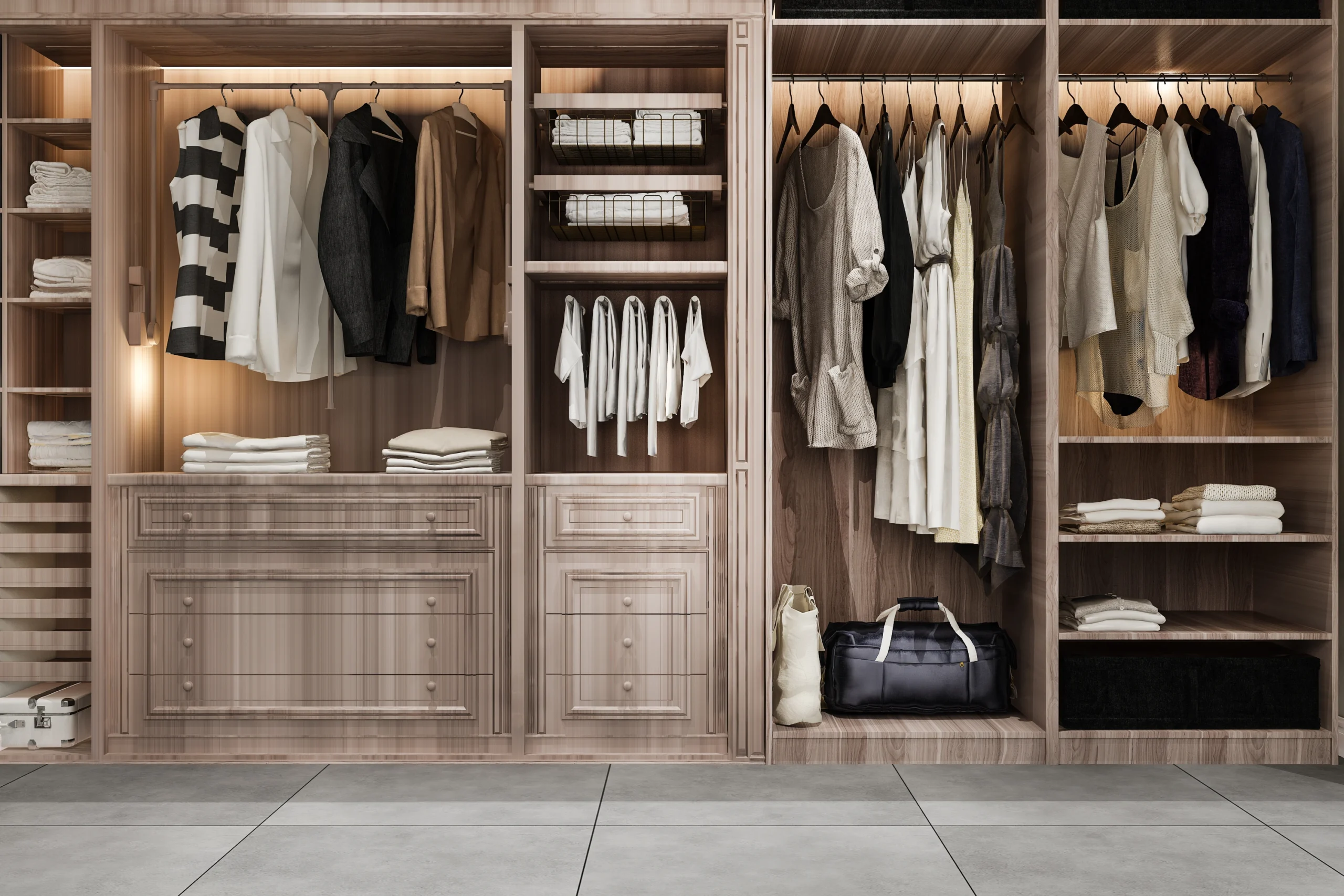 Closet planejado em madeira com iluminação LED e organização completa
