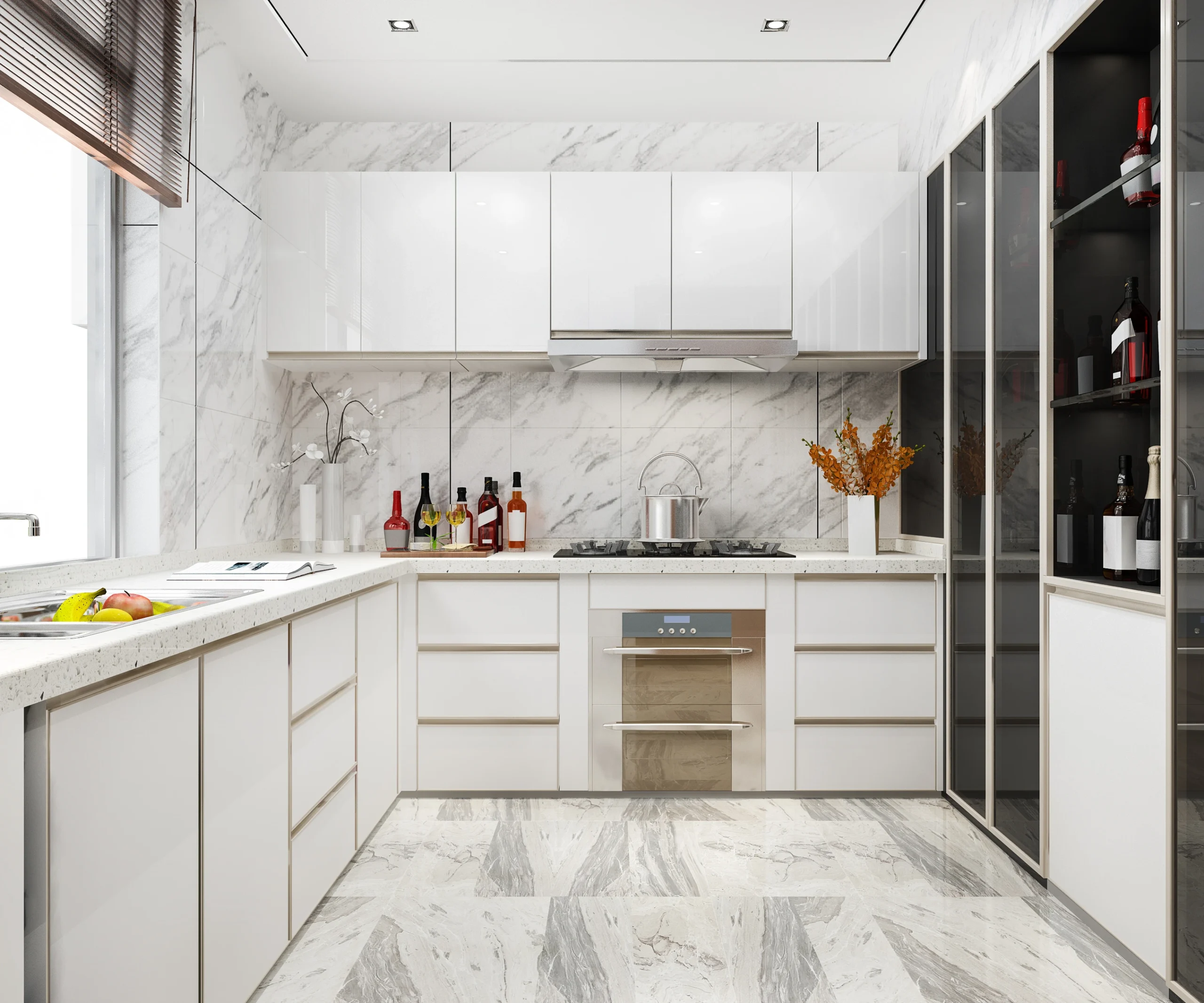 Cozinha planejada moderna com armários brancos e bancada de mármore
